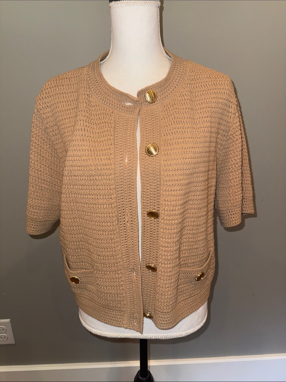 Classic Short-Sleeve Knit Cardigan gold accents 100% cotton